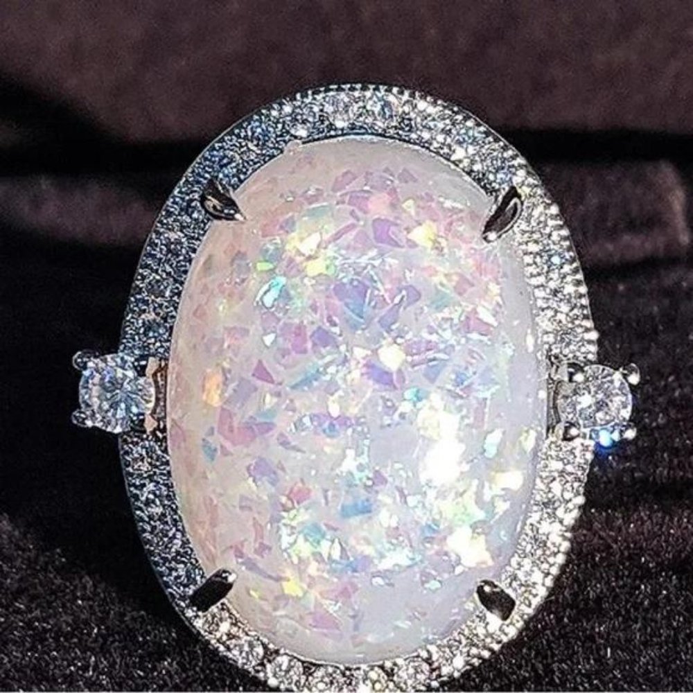NEW 925 STERLING SILVER OPAL DIAMOND RING, BEAUTIFUL RING, SHINY RING. - Picture 3 of 5